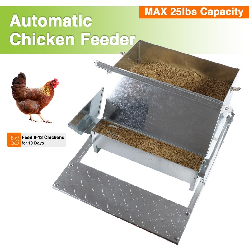 YUMOE Chicken Feeder Galvanized 25Lbs Capacity Weatherproof Treadle Chicken Feeder