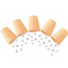 DELALO Leather Dice Cup Set, 5 Cups with 30 Cubes, 16 mm, Handmade, 9 cm x 7 cm, Natural