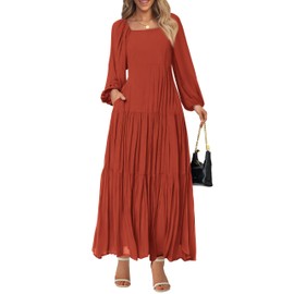 BTFBM Women Formal Dress Spring Square Neck Puff Long Sleeve Smocked Tiered Flowy Wedding Guest Maxi Dresses Pockets(Brick Red, Medium)