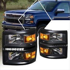 PM PERFORMOTOR LED DRL Headlight Assembly Compatible with Chevy Silverado 14-15 | Headlamps with Black Housing Amber Corner