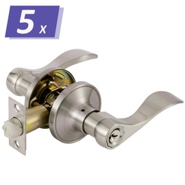 Keyed Alike Entrance Lever Door Handle for Exterior Front Doors/Interior Bedroom Bathroom Doors, Reversible Handing, Keyed Alike/Combo Keys 5 Pack, Satin Nickel Finish