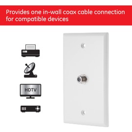 GE GE Coax Plate, 1-Port, One Wall Mounted F-Type Connection for Coaxial Cable, Screws Included, Single Gang, White, 40050