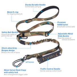 Heavy Duty Dog Leash, Camo Military Dog Leashes with Car Seat Belt for Large Dogs Up to 150lbs, 6Ft Shock Absorbing Retractable Strong Dog Leash, Double Handle Tactical Dog Leash for Dog Training