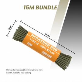 Abma Cord Paracord 550, Nylon Rope Paracord, 4 mm Cords (15 m - 30 m - 50 m - 100 m) with 7 Cores, Type III Survival Parachute Cord, Top 45 Hot Colours - Max. 250 kg - Army Green, 15 m