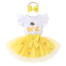 HAPPYMA Baby Girls One 1st Birthday Outfit Bee Sunflower Romper Tulle Tutu Skirt Sequin Bow Party Clothes Set（Embroidery Bee,18-24 Months）