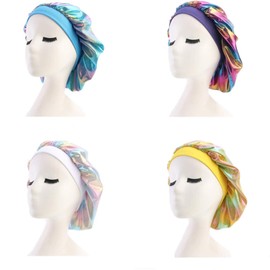 Paquete de 4 capuchones de seda para cabello rizado, bonetes de satén para mujer, gorro de dormir con impresión colorida, gorro de ducha elástico con banda elástica premium para mujeres