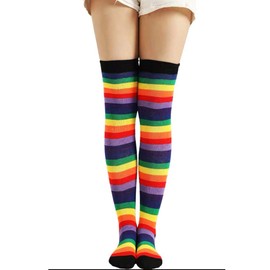 YELAIVP Stripe Rainbow Thigh High Socks Over Knee Socks Fingerless Gloves Set Cosplay Accessories Arm Leg Warmers for Girls Women
