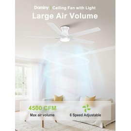 DAMINY 52 inch Ceiling Fans with Lights,5 Blades,6CCT, Remote Control APP Control,Low Profile Ceiling Fan with Light,Ceiling Fan for Bedroom, Kitchen,Living Room,Indoor/Outdoor Use,Flush Mount-White