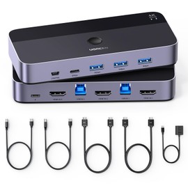 UGREEN USB 3.0 HDMI KVM Switch with 4 USB 3.0 Ports 4K@60Hz for 2 Computers Sharing 1 Monitor Keyboard Mouse Hard Drives Printer, with 2 HDMI Cables, 2 USB Cables and Controller