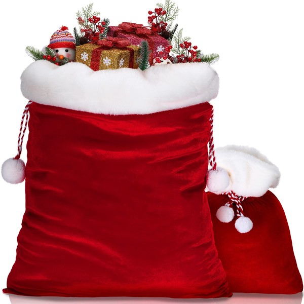 2 Pieces Christmas Velvet Bags with Drawstring in 2 Size Large Christmas Santa Gift Sack for Xmas Playing Santa Present Toy (Red, Simple Style)