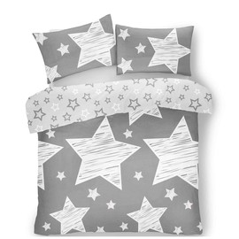 GC GAVENO CAVAILIA Luxury Kids Fitted Sheet Super Star Cover OR Easy Care Children Curtains, Polycotton, Grey, Double Duvet Set