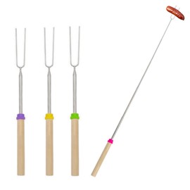 HRLORK 4 Pack Marshmallow Toasting Forks Marshmallow Toasting Kit Stainless Telescoping Barbecue Forks Wooden Handle BBQ Roasting Sticks for Bonfire Camping