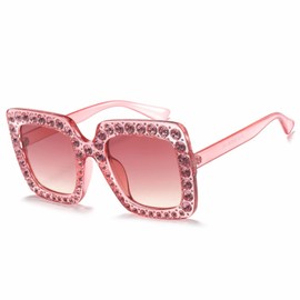 Retro Oversize Square Diamond Rhinestone Sunglasses for Women Men Disco Bling Bling Glasses（Pink2）