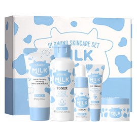 LAIKOU Milk Set de Rutina Facial para Mujeres y Adolescentes Kit de Skincare Hidratante de Tamaño Viaje con Limpiador Tónico Suero y Cremas