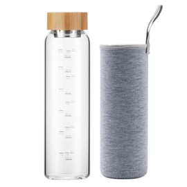 sunkey Glass Water Bottle 32 oz Wide Mouth with Sleeve Bamboo Lid Motivational Water Bottle With Time Marker Reusable Safe for Hot Cold Drinks Bpa Free (Gray)