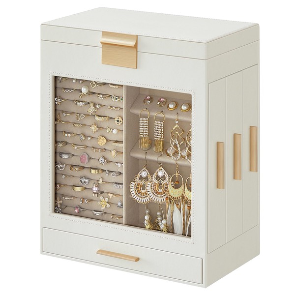 SONGMICS Jewelry Box with Glass Window, 5-Layer Jewelry Organizer with 3 Side Drawers, Jewelry Storage, with Big Mirror, 6.1 x 10.3 x 12.6 Inches, Christmas Gifts, Cloud White and Metallic Gold