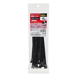 ELPA KBR-N150015 (BK) Cable Ties, Reusable Type, 5.9 inches (150 mm), Tensile Strength 48.9 lbs (22.2 kg), Pack of 15, Weather Resistant