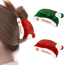 2 Pack Christmas Hair Clips, Christmas Hat Clip for Hair, Christmas Themed Hair Claw for Women, Holiday Claw Clips, Christmas Hair Accessories for Thin Medium Hair, Christmas Claw Clips (Green Red)
