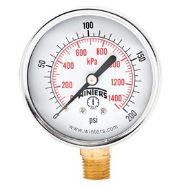 Winters PEM Series Steel Dual Scale Economical All Purpose Pressure Gauge with Brass Internals, 0-200 psi/kpa, 2-1/2" Dial Display, -3-2-3% Accuracy, 1/4" NPT Bottom Mount
