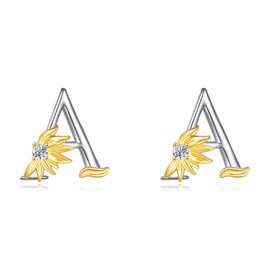 Sterling Silver Initial Alphabet Letter Script Name Earrings Sunflower Initial Studs for Women (Initial A)