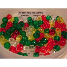 CHRISTMAS MIX Transparent Pony Beads 9x6mm 100pc Acrylic USA made