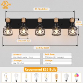 FadimiKoo 5-Light Wooden Black Bathroom Light Fixtures, Rustic Style Vanity Wall Sconces Lighting with Metal Cage, Farmhouse Bathroom Lights Wall Mount for Bedroom, Living Room, Entrance