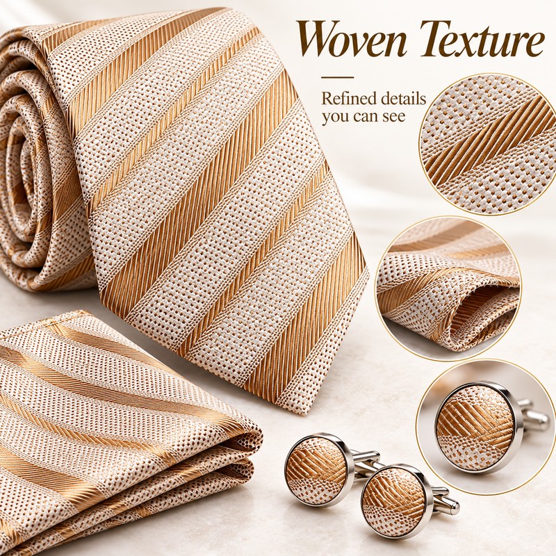 Champagne Gold Striped Silk Tie Gift Set for Men with