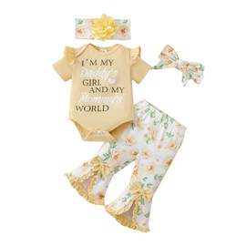 SUNNY PIGGY Newborn Baby Girl Clothes Infant Outfits Romper Floral Fall Outfit Bell Bottoms Pant Sets Hat Headband Flowerpant Apricot 12-18M