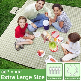 ZAZE Extra Large Picnic Outdoor Blanket, 80''x80'' Waterproof Foldable Blankets Gingham Picnic Mat for Beach, Camping Grass Lawn Park Accessories Cute Couple Gifts Ideas Wedding Registry(Green White)
