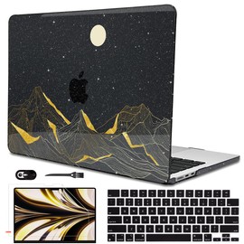 LCMOCICO for M4 MacBook Air 13.6 inch Case 2025 2024 2023 2022 Release A3240 A3113 M3 A2681 M2 Liquid Retina Display & Touch ID, Glitter Crystal Black Plastic Hard Shell Cover, Gold Mountain & Moon