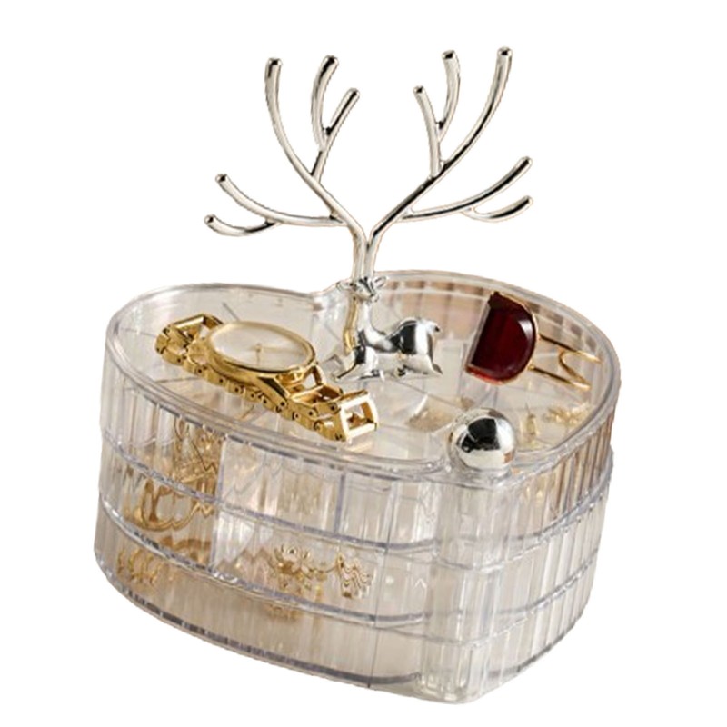 Rotating Jewelry Box with Lid Deer Antler Decoration 3 Layer