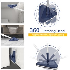 Wall Mop with 82 Inches Long Handle, 360° Rotating Triangle Mop Head with Microfiber Pads, Built-in Window Squeegee for Cleaning Walls, Ceilings, Baseboards, and Windows