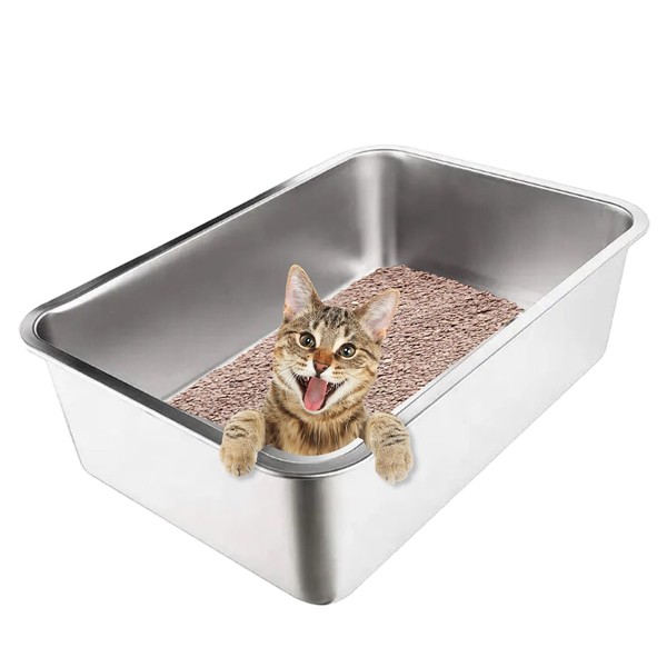 Stainless Steel Litter Box, Metal Cat Litter Box, for Cat and Rabbit, High Sides, Never Absorbs Odor, Stains, or Rusts, Non Stick Smooth Surface, Kitty Litter Box, Rabbit Litter Box
