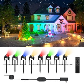 JACKYLED Christmas Landscape Lighting, Outdoor RGB Multi-Color 63.3ft 8-Light Low Voltage Spotlights with Power Adapter Remote & Button Control for Yard, Christmas Decoration, IP65 Waterproof