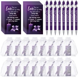 Yeaqee 150 Pcs Funeral Favor Thank You Set Funeral Favor for a Memorial Service 50 Ballpoint Pens 50 Poem Cards White Organza Bags Sympathy Condolence Bereavement Gift(Purple,Candle)