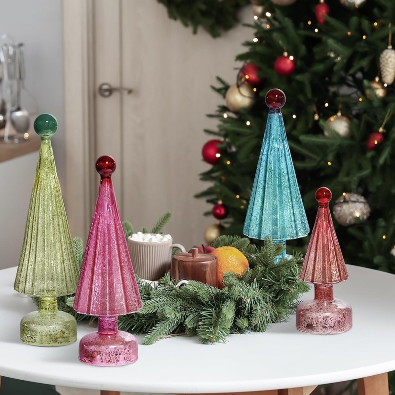 6 Pack Glass Christmas Trees Lighted Tabletop Decoration Mini Small