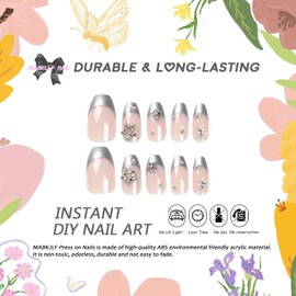 Y2K Press on Nails Medium Coffin MABKJLF French Tip Fake Nails Sliver Full Cover Glue on Nails Star Charm False Nails with Designs Rhinestone Glossy Manicure Artificial Nails for Women Girls 24Pcs