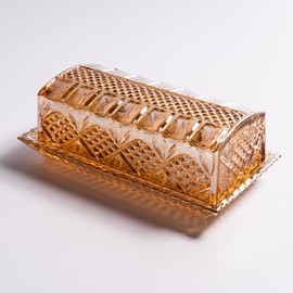 Champagne Color Glass Butter Dish with Lid, Crystal Glass Covered Butter Stick Holder Tray, Kitchen Countertop Butter Storage Container for Fridge