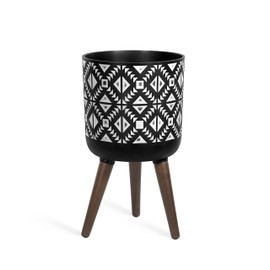 D'vine Dev 10 Inch Planter Pot with Stand, Mid-Century Tall Plant Pot with Legs for Indoor Plants, Medium, Charcoal Grey/White, 88-G-B-4