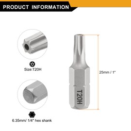 sourcing map 5pcs T20H Torx Screwdriver Bit 1/4" Hex Shank 25mm/1" Length Magnetic Star 6 Point Head S2 Steel Screw Driver Bit with Hole