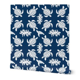 Peel & Stick Wallpaper 3ft x 2ft - Sea Turtles Blue Texture Beach Indigo White Ocean Custom Removable Wallpaper by Spoonflower