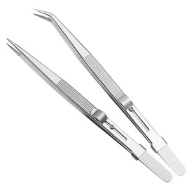 Precision Jewelry Tweezers, 2pcs Fine Curved & Straight Tip Tweezer Slide Locking Pick up Tool Stainless Steel Grabber for Electronic Components, Diamond, Gem