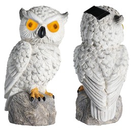1 KINGO Fake Owl Decoy with LED Eyes & Ultrasonic Deterrent, Bird Deterrents for Outside, Scarecrow Owl Decoys to Scare Birds Away, Solar Powered Bird Repellent Devices Outdoor, Cute Garden Statues