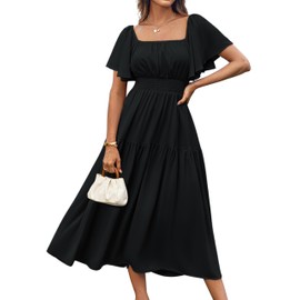 GRACE KARIN Women's Short Sleeve Smocked Square Neck A Line Summer Flowy Maxi Long Dress Black L