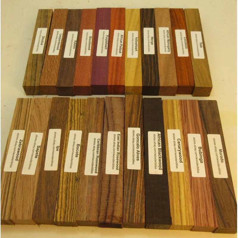 22 Different Exotic Wood Pen Blanks ¾”x5” Cocobolo, Zebrawood, Bocote