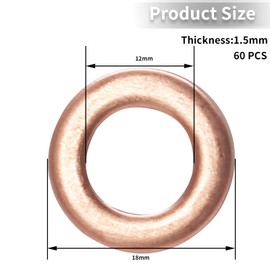 Kyuionty 60 Pcs M12 Copper Washer, Copper Metric Sealing Washers Flat Ring Seal Gasket, 12mm ID, 18mm OD, 1.5mm Thickness