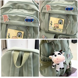 Eagerrich Cute Backpack with Cute Pin Accessories Plush Pendant for School Bag Student Girl Backpack Super-Capacity Waterproof Travel Backpack(Green-2)