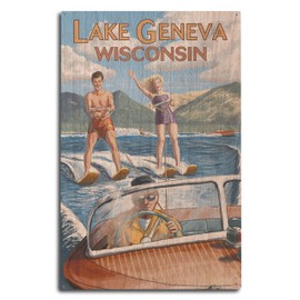 Lake Geneva, Wisconsin, Water Skiing Scene Birch Wood Wall Sign (10x15 Rustic Home Decor, Ready to Hang Art)