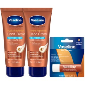 Vaseline Hand Cream 2-Pack – Hydra Replenish Crème with Hyaluronic Acid, Niacinamide & Cocoa Butter for Soft Skin + Cocoa Butter Lip Therapy Tube with Petroleum Jelly