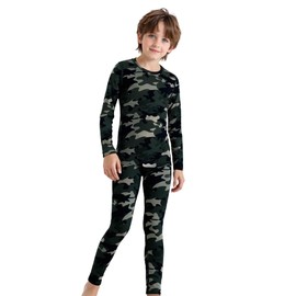 LANBAOSI Boys & Girls Long Sleeve Compression Shirts and Pant 2 Pcs Set, Green Camo, 14 Years